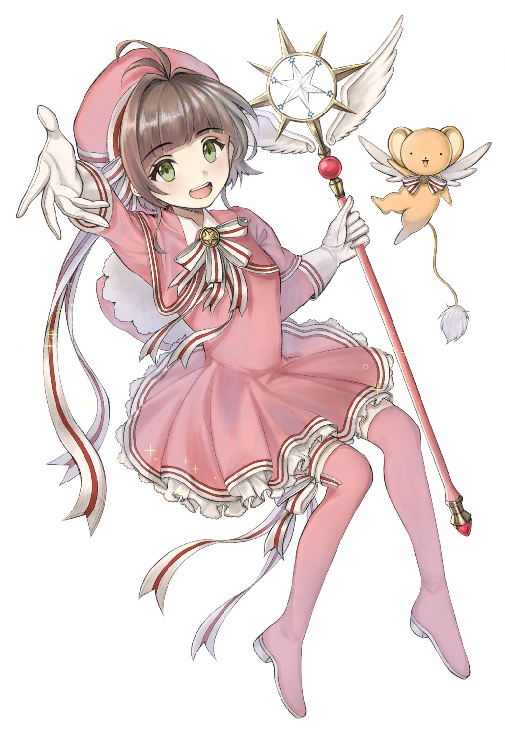 amanai_daisy, card_captor_sakura, dress, kinomoto_sakura, skirt_lift, thighhighs, weapon