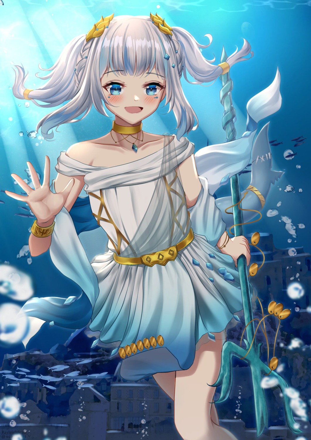 gawr_gura, hololive, hololive_english, rayleigh_scale, see_through, skirt_lift, tail, weapon
