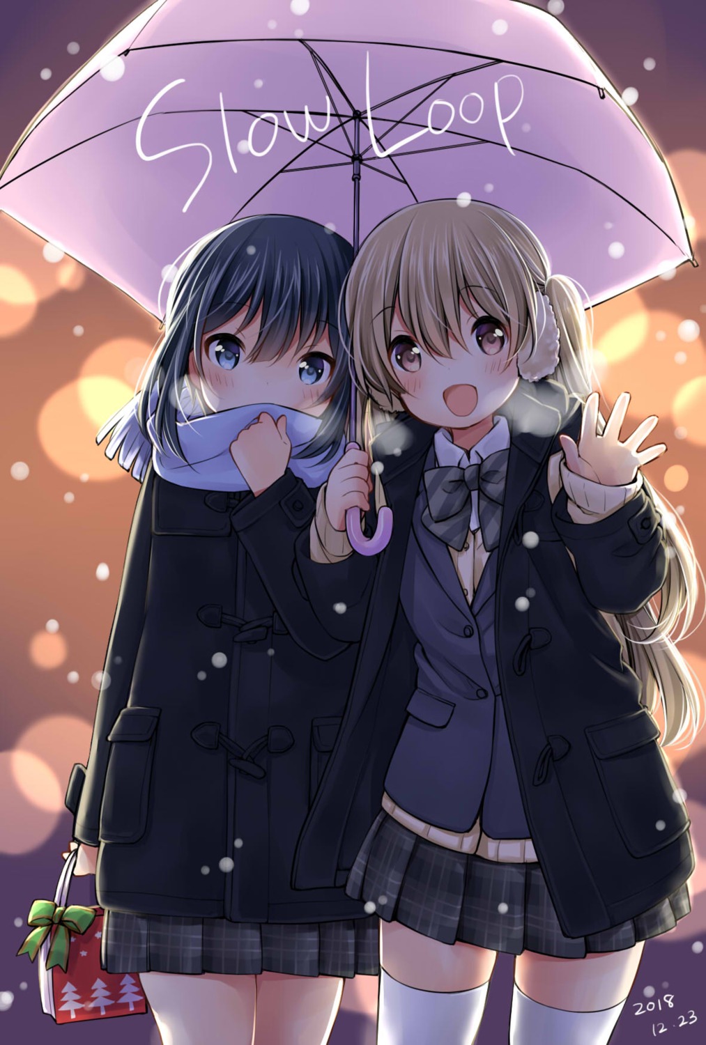 minagi_hiyori, minagi_koharu, seifuku, slow_loop, sweater, thighhighs, uchino_maiko, umbrella