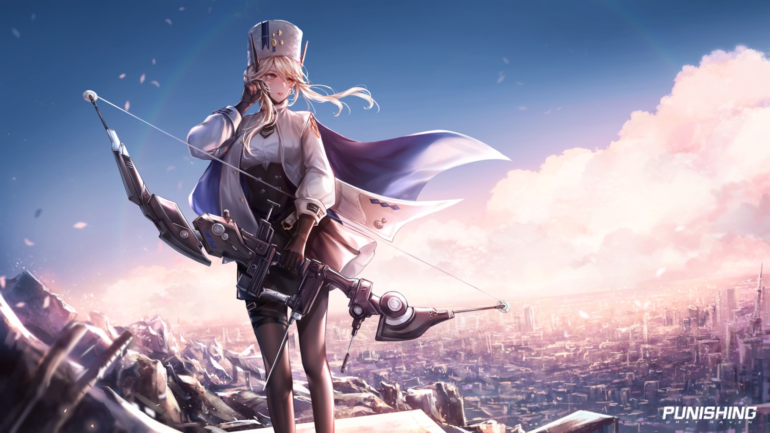 bianca_(punishing:_gray_raven), garter, punishing:_gray_raven, skirt_lift, uniform, weapon, yuli_(yulipo)