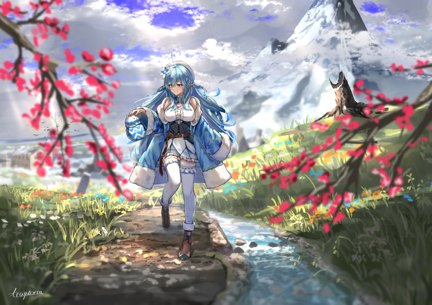 elf, hololive, landscape, pointy_ears, thighhighs, trapiorra, yukihana_lamy