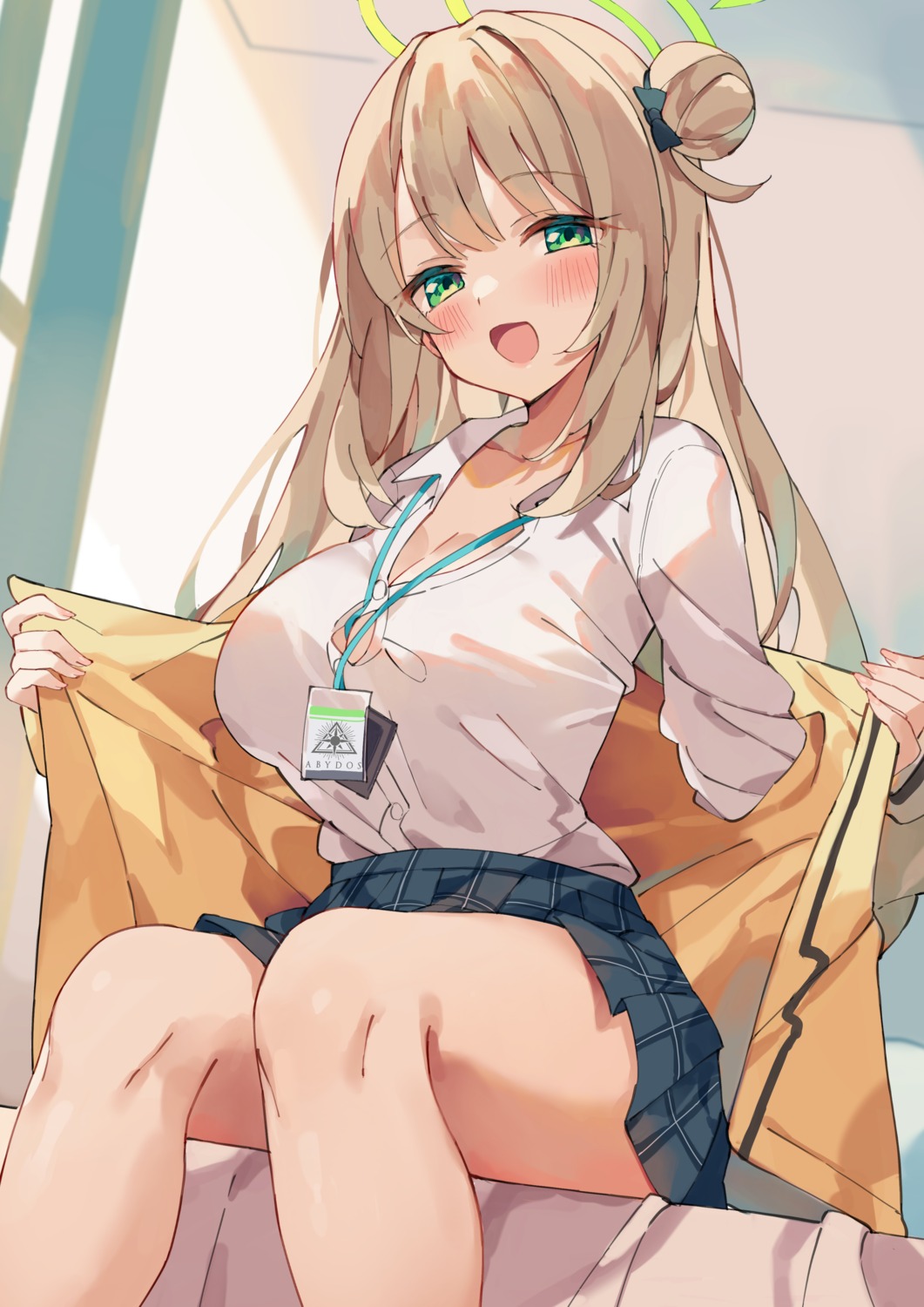 blue_archive, halo, izayoi_nonomi, open_shirt, seifuku, skirt_lift, unacchi, undressing