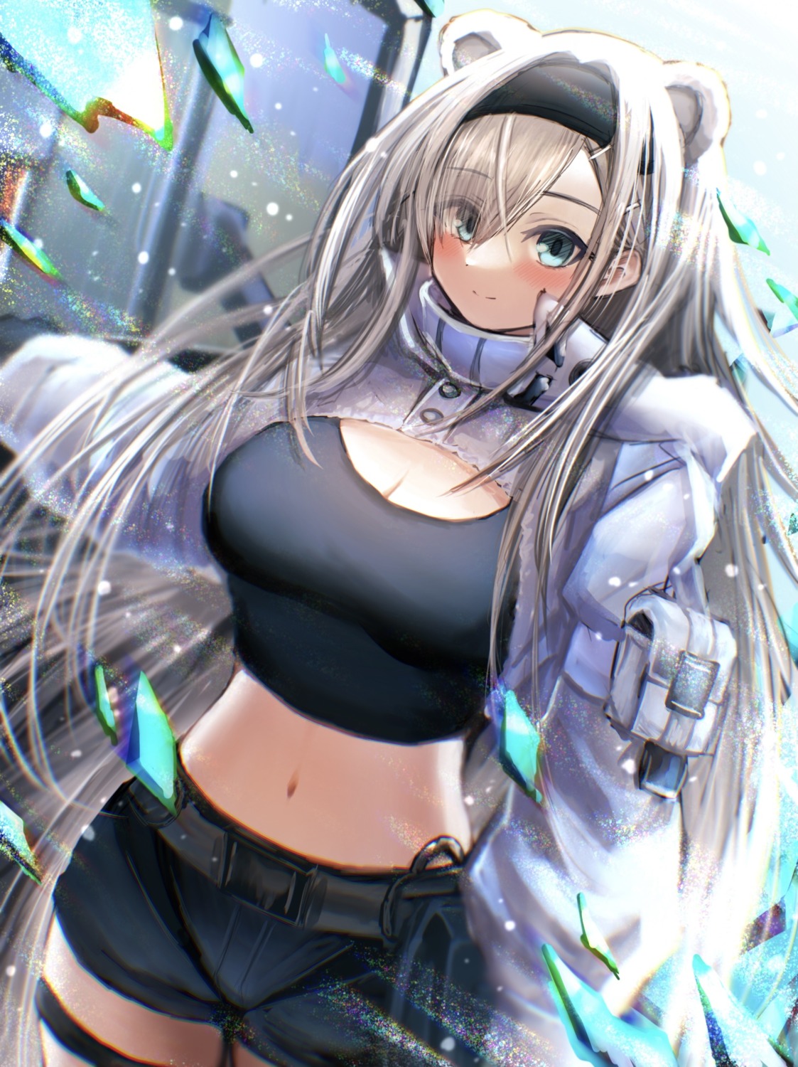 3_(sanyako1), animal_ears, arknights, aurora_(arknights), cleavage, garter