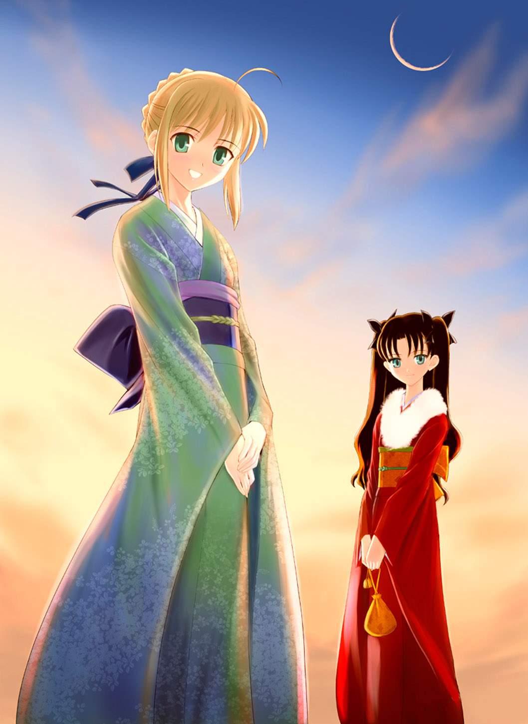 artoria_pendragon_(fate), crazy_clover_club, fate/stay_night, kimono, shirotsumekusa, toosaka_rin