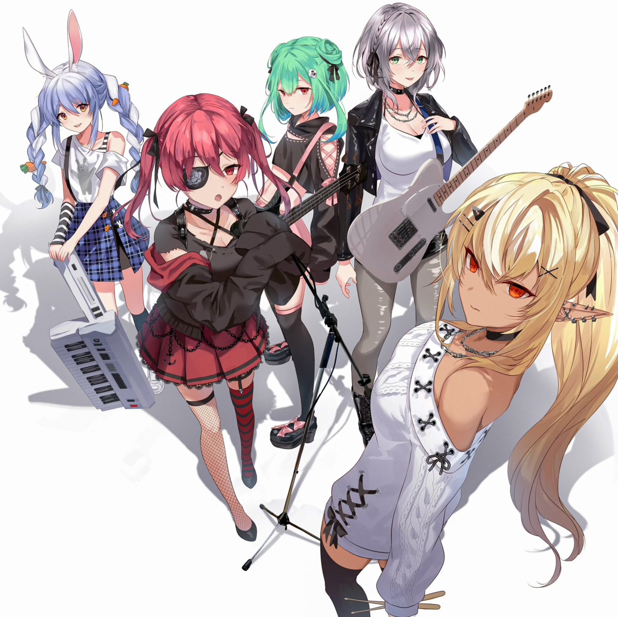 animal_ears, bunny_ears, cleavage, dress, elf, eto_sister, eyepatch, fishnets