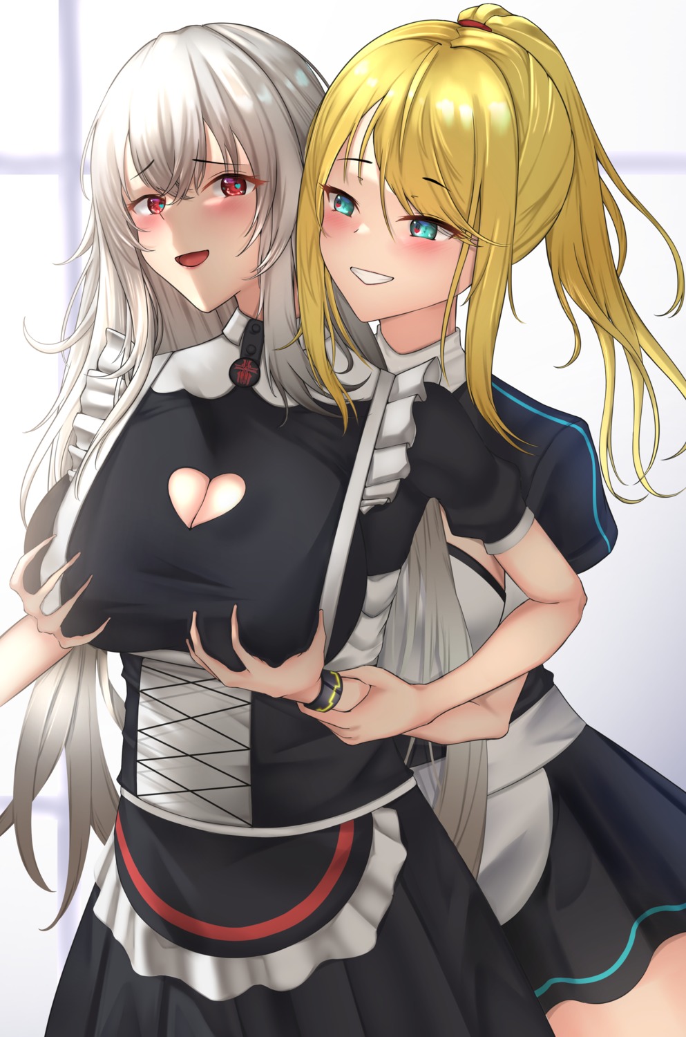 azur_lane, breast_grab, cleavage, crossover, graf_zeppelin_(azur_lane), maid, metroid, misa_pika, samus_aran, yuri