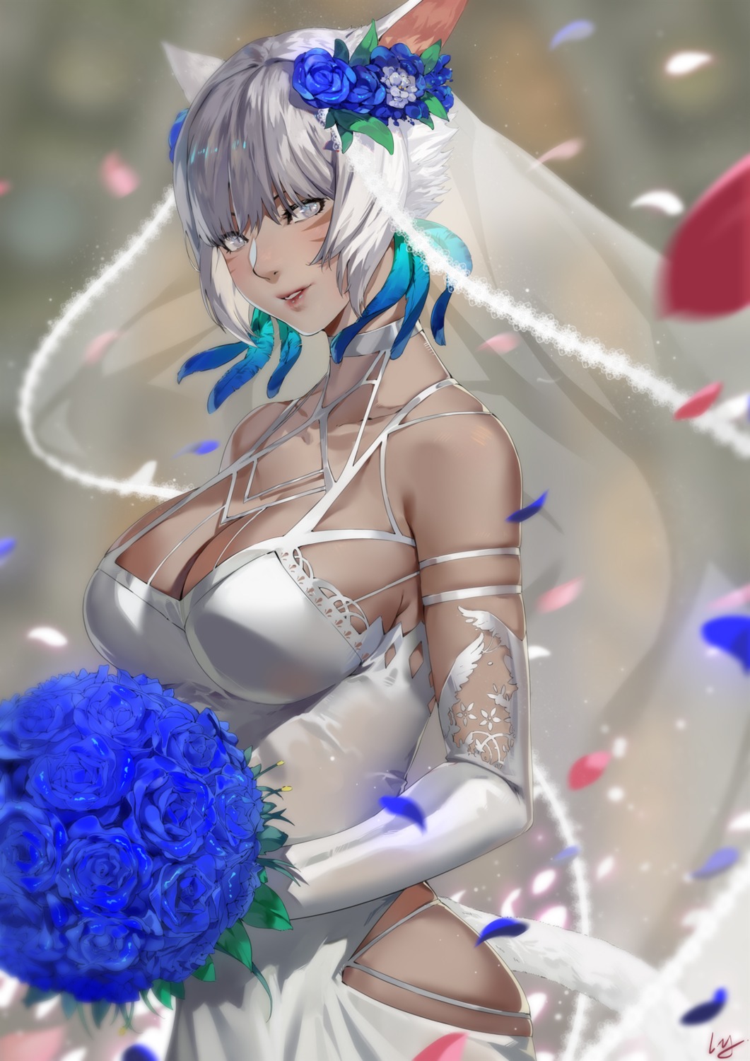 animal_ears, final_fantasy, final_fantasy_xiv, nanaya_(daaijianglin), no_bra, tail, y'shtola