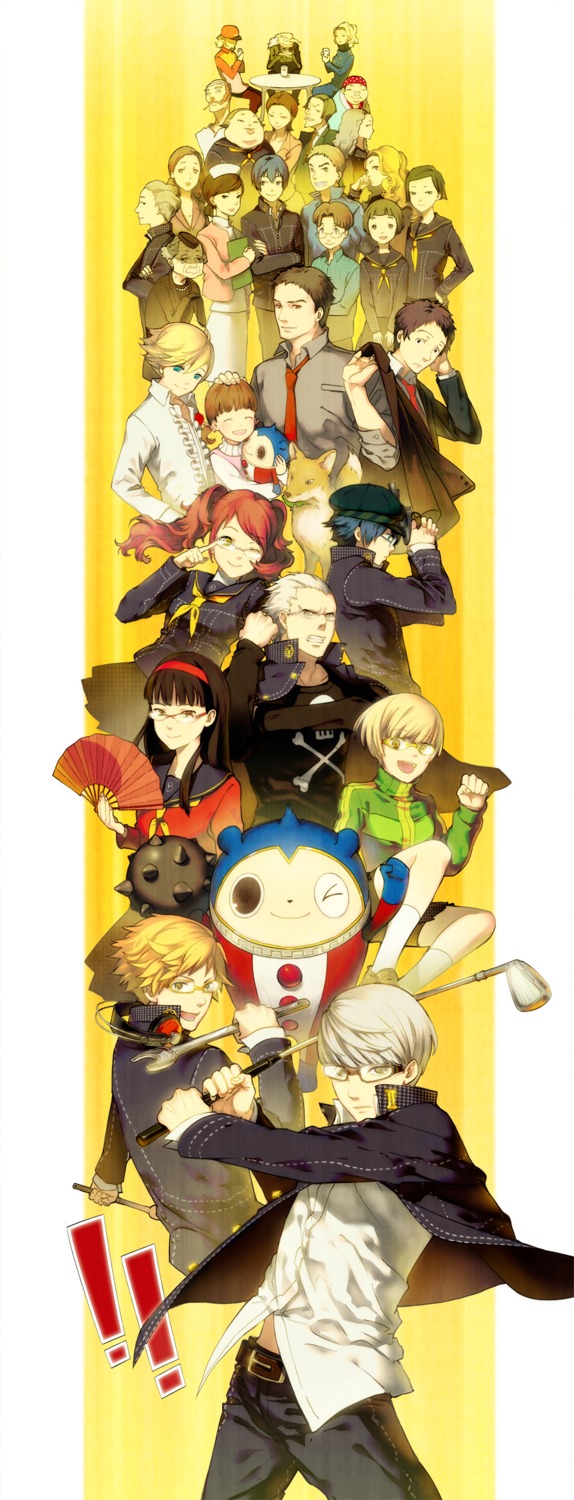 adachi_tohru, amagi_yukiko, ame_(conronca), doujima_nanako, doujima_ryoutarou, hanamura_yousuke, headphones, kujikawa_rise, kuma_(persona_4), megane, megaten, narukami_yuu, persona, persona_4, satonaka_chie, seifuku, shirogane_naoto, tatsumi_kanji