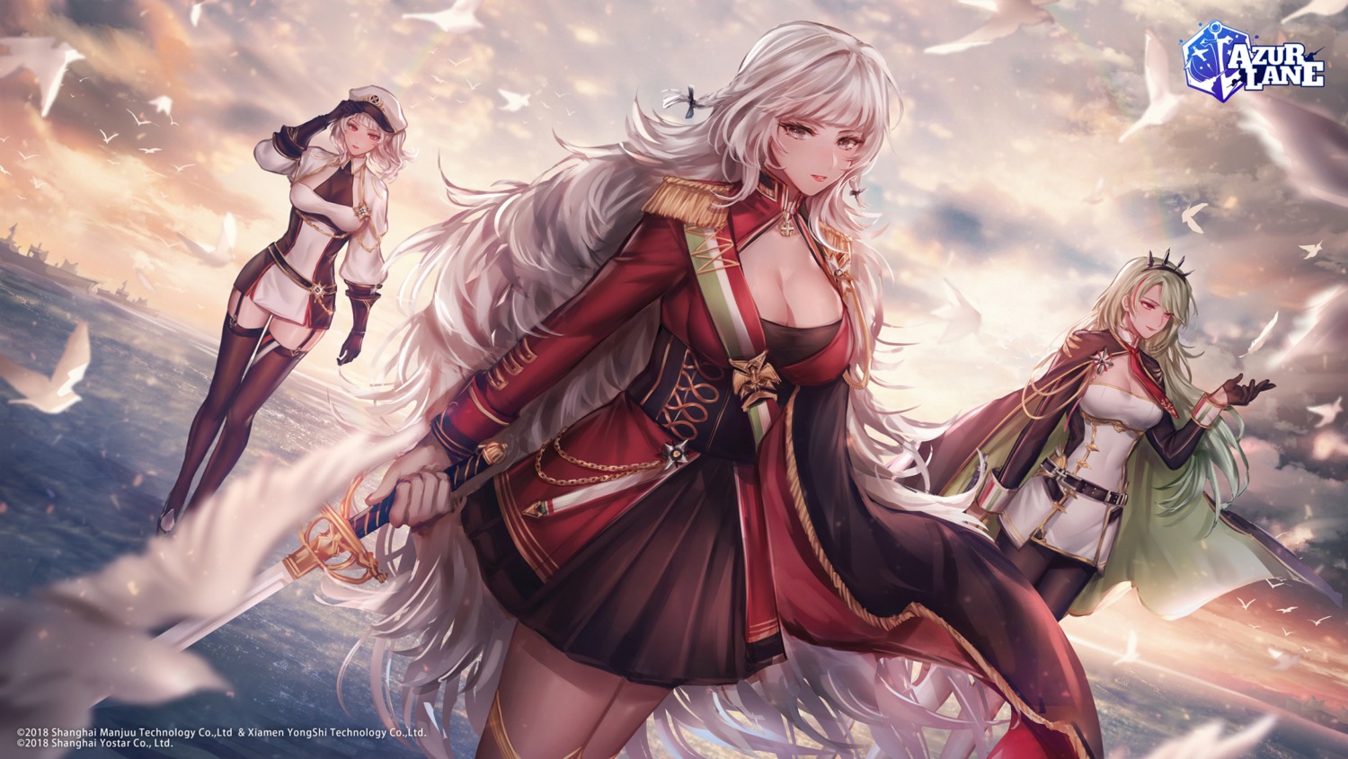 azur_lane, giulio_cesare_(azur_lane), littorio_(azur_lane), pantyhose, stockings, sword, thighhighs, uniform, vittorio_veneto_(azur_lane), yuli_(yulipo)