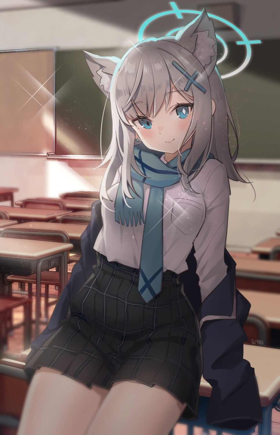 animal_ears, blue_archive, goyain, halo, jpeg_artifacts, nekomimi, seifuku, sunaookami_shiroko