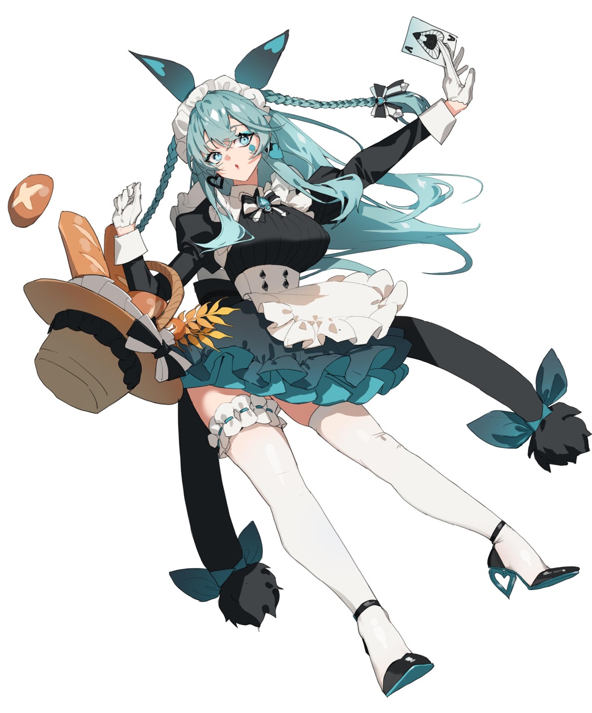 animal_ears, bunny_ears, garter, heels, maid, skirt_lift, tattoo, thighhighs, tunamayo_(dsasd751)