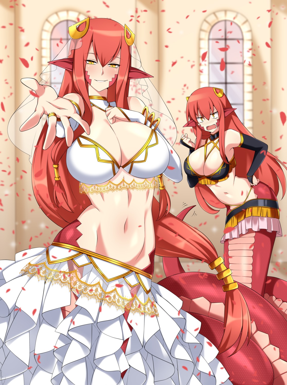 lindaroze, miia's_mother_(monster_musume), miia_(monster_musume), monster_girl, monster_musume_no_iru_nichijou, no_bra, pointy_ears, tail