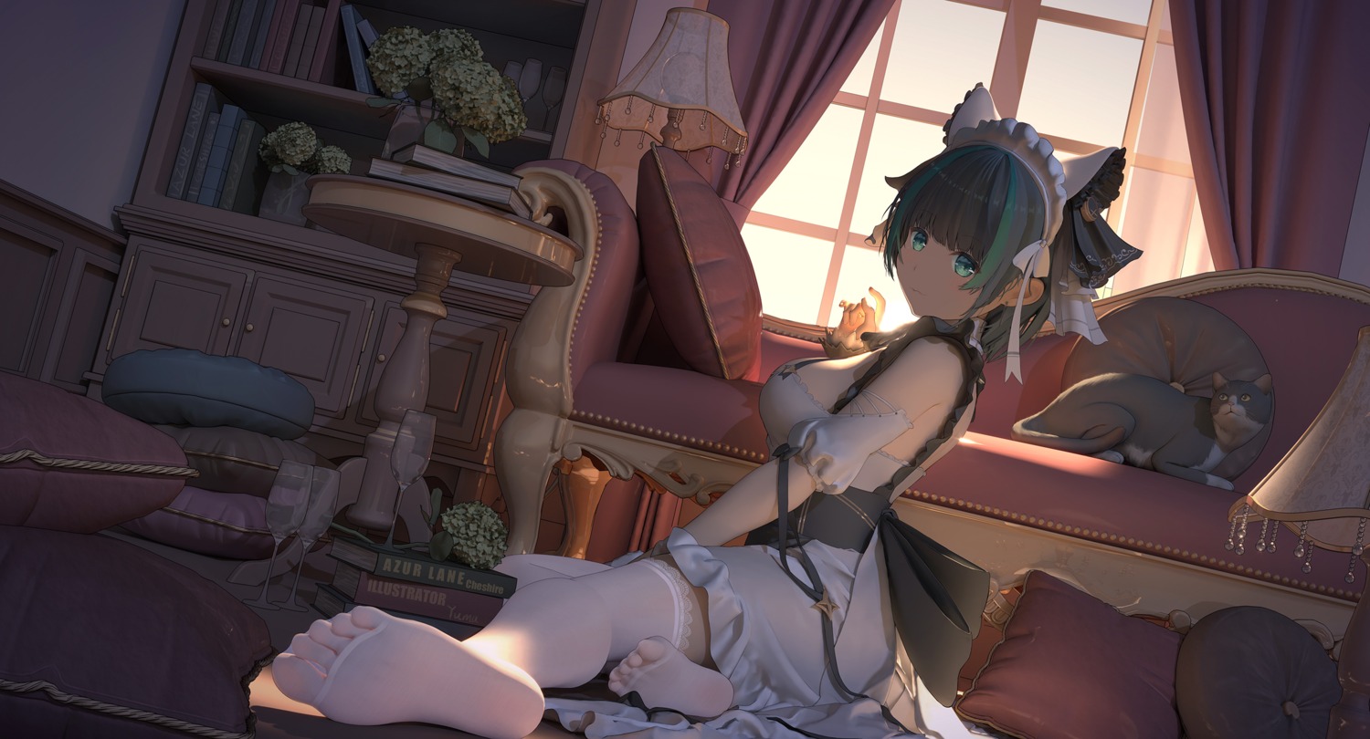 animal_ears, azur_lane, cheshire_(azur_lane), feet, maid, neko, nekomimi, no_bra, thighhighs, yuma_(594986561)