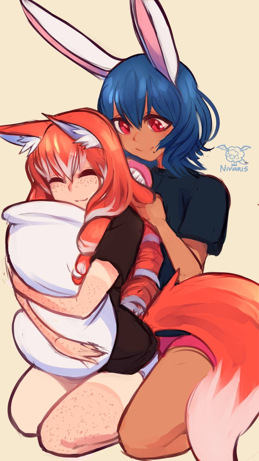 animal_ears, bunny_ears, kitsune, sketch, sunset_nivaris, tail, tan_lines