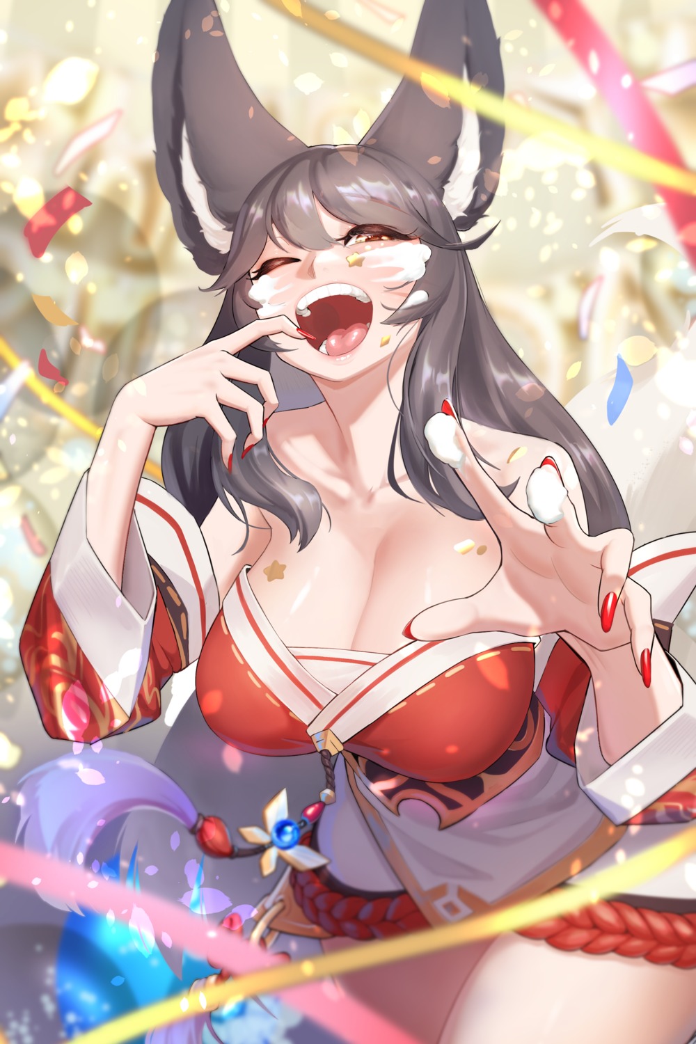 ahri, animal_ears, japanese_clothes, kitsune, league_of_legends, no_bra, tail, yabby