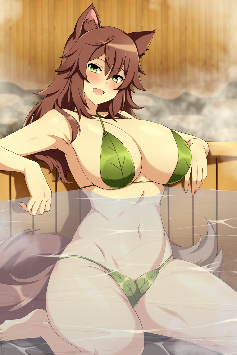 animal_ears, bathing, bikini, choujin_koukousei-tachi_wa_isekai_demo_yoyuu_de_ikinuku_you_desu!, lindaroze, onsen, swimsuits, tail, wet, winona_(choyoyu)