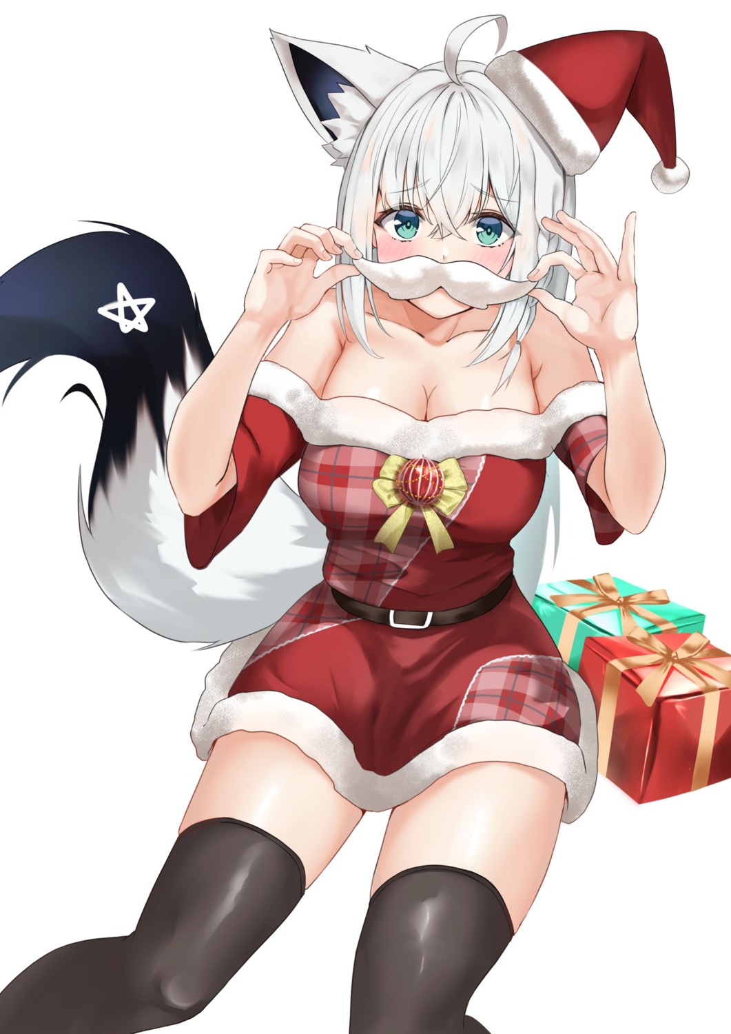 animal_ears, christmas, dress, hololive, hololive_gamers, kitsune, micon, no_bra