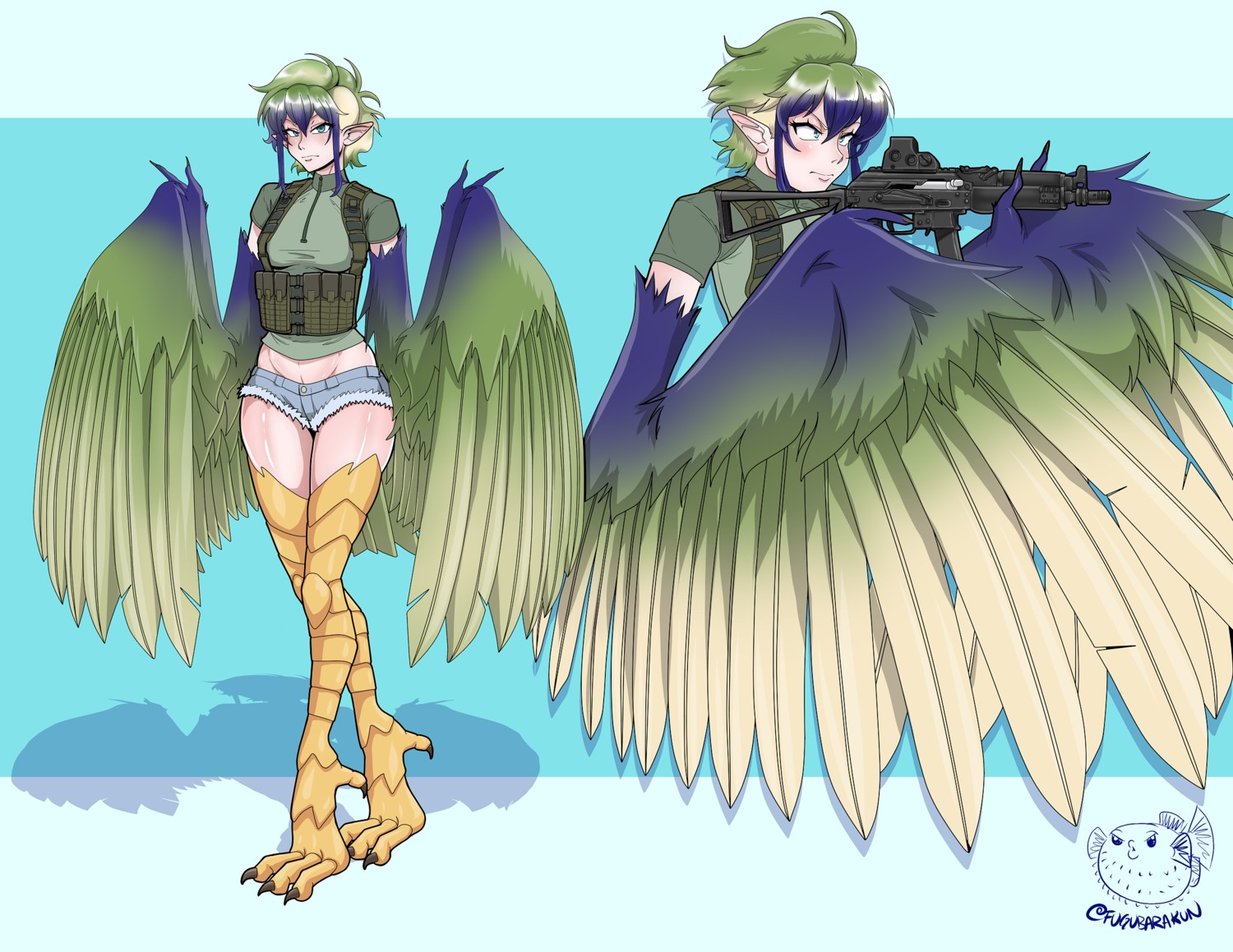 fugubarakun, gun, monster_girl, pointy_ears, wings