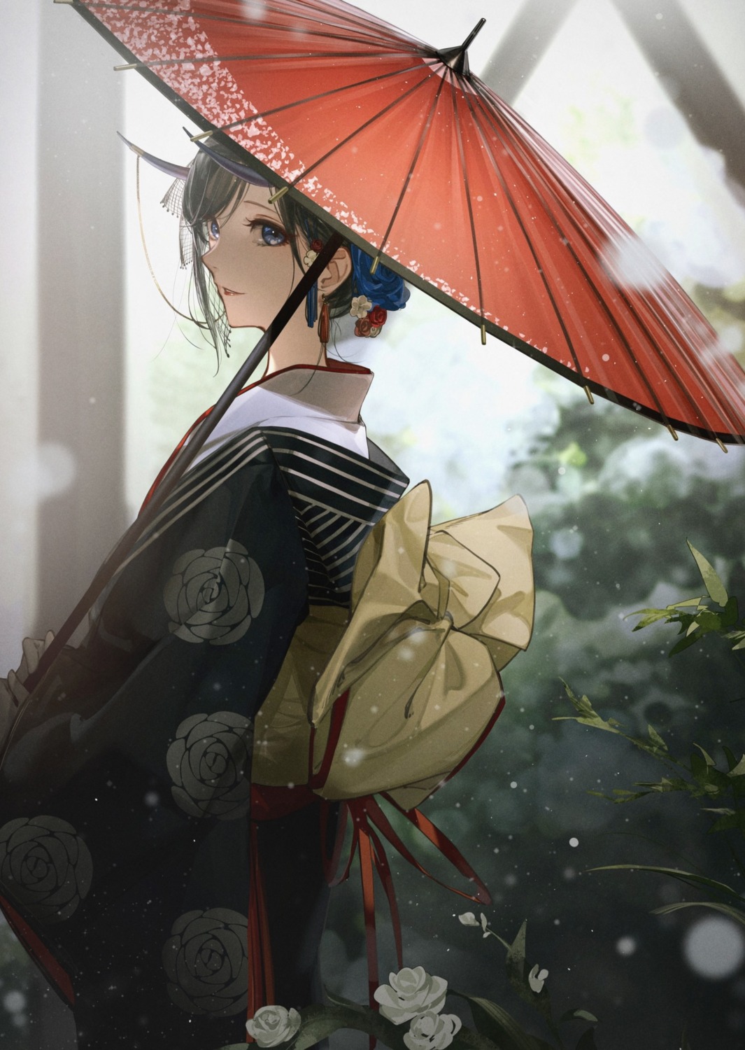 horns, kimono, oekaki_taro, umbrella