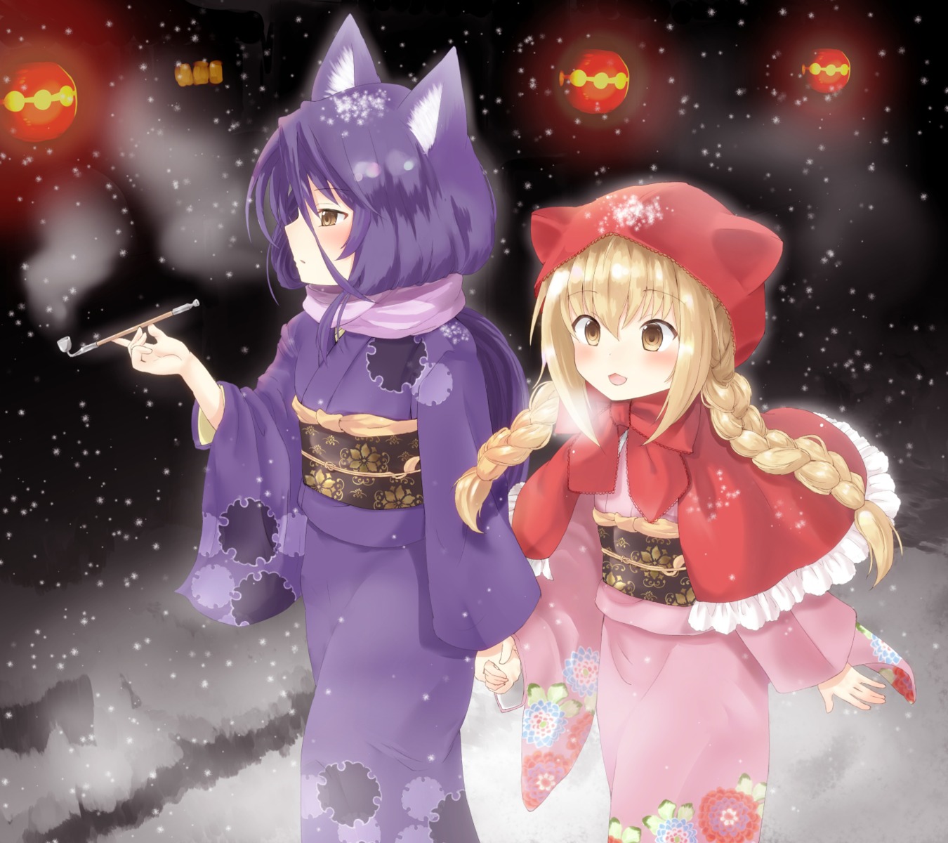 animal_ears, kimono, kitsune, konohana_kitan, satsuki_(konohana_kitan), smoking, tagme, yuzu_(konohana_kitan)