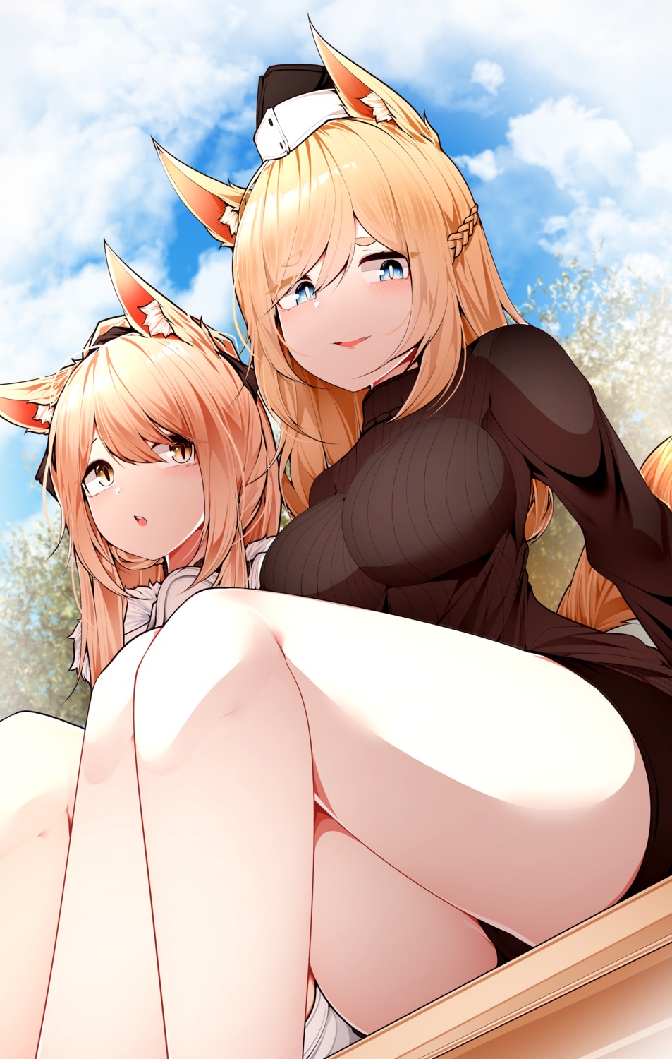 animal_ears, arknights, bike_shorts, blemishine_(arknights), samip, sweater, tail, whislash_(arknights)