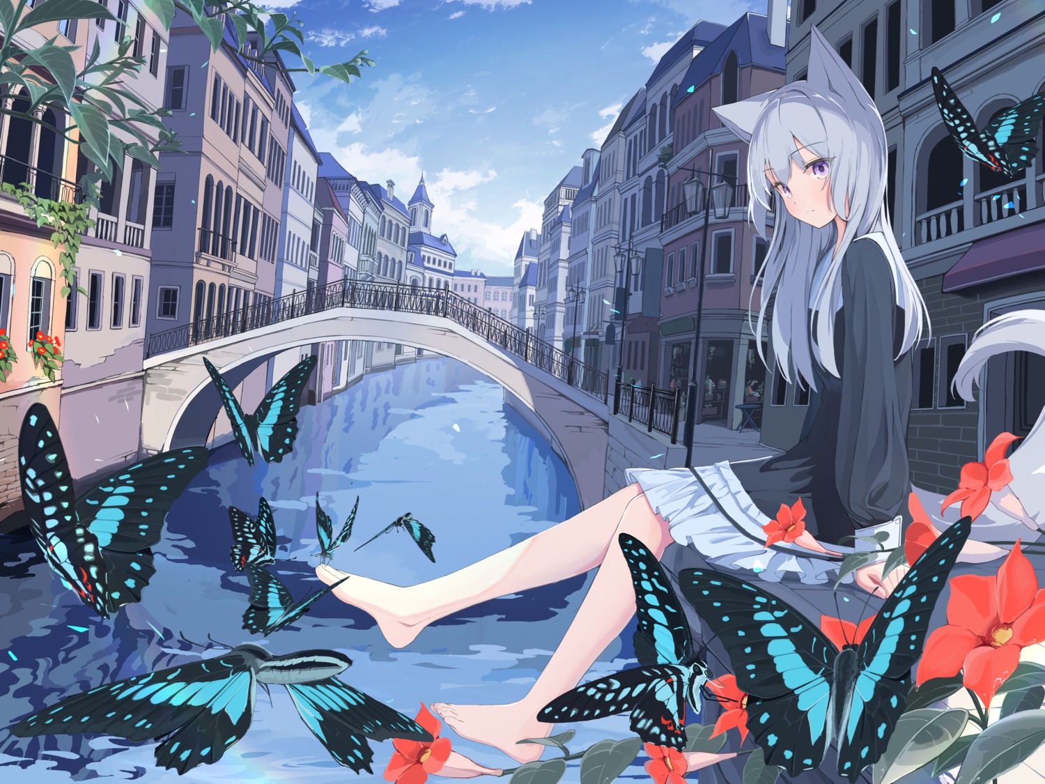 animal_ears, dress, feet, landscape, mikisai, tail