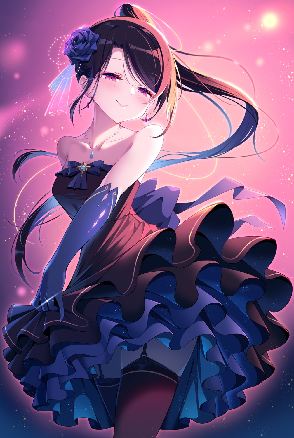 dress, kagami_(galgamesion), skirt_lift, stockings, thighhighs