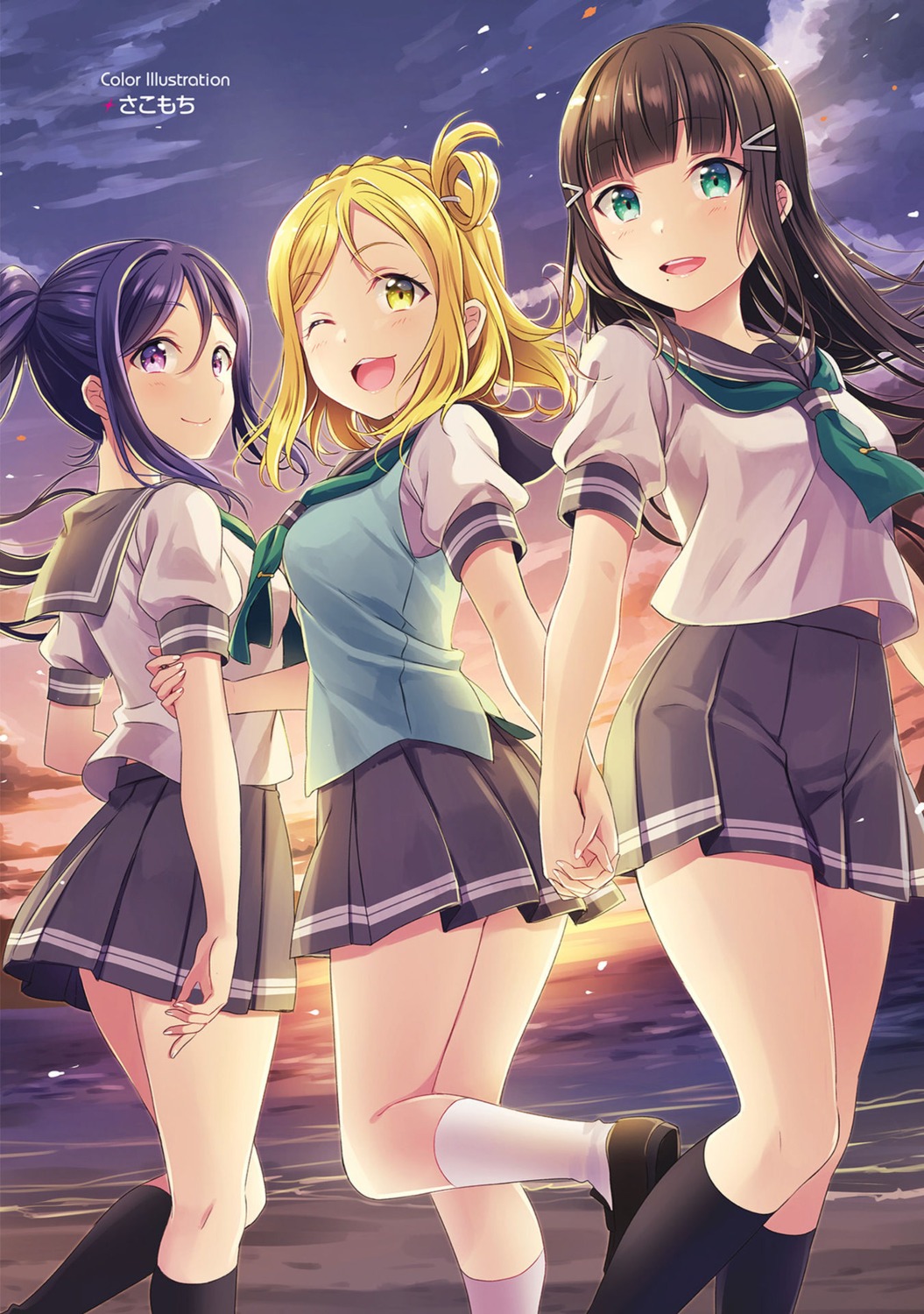 kurosawa_dia, love_live!_(series), love_live!_sunshine!!, matsuura_kanan, ohara_mari, sakou_mochi, seifuku, yuri