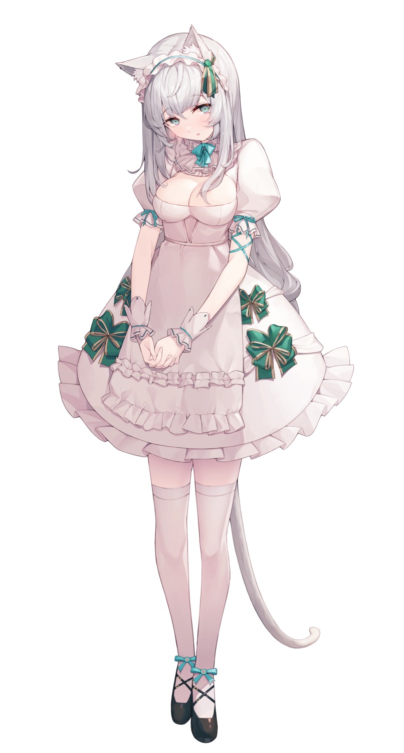 animal_ears, btraphen, cleavage, dress, nekomimi, no_bra, tail, thighhighs