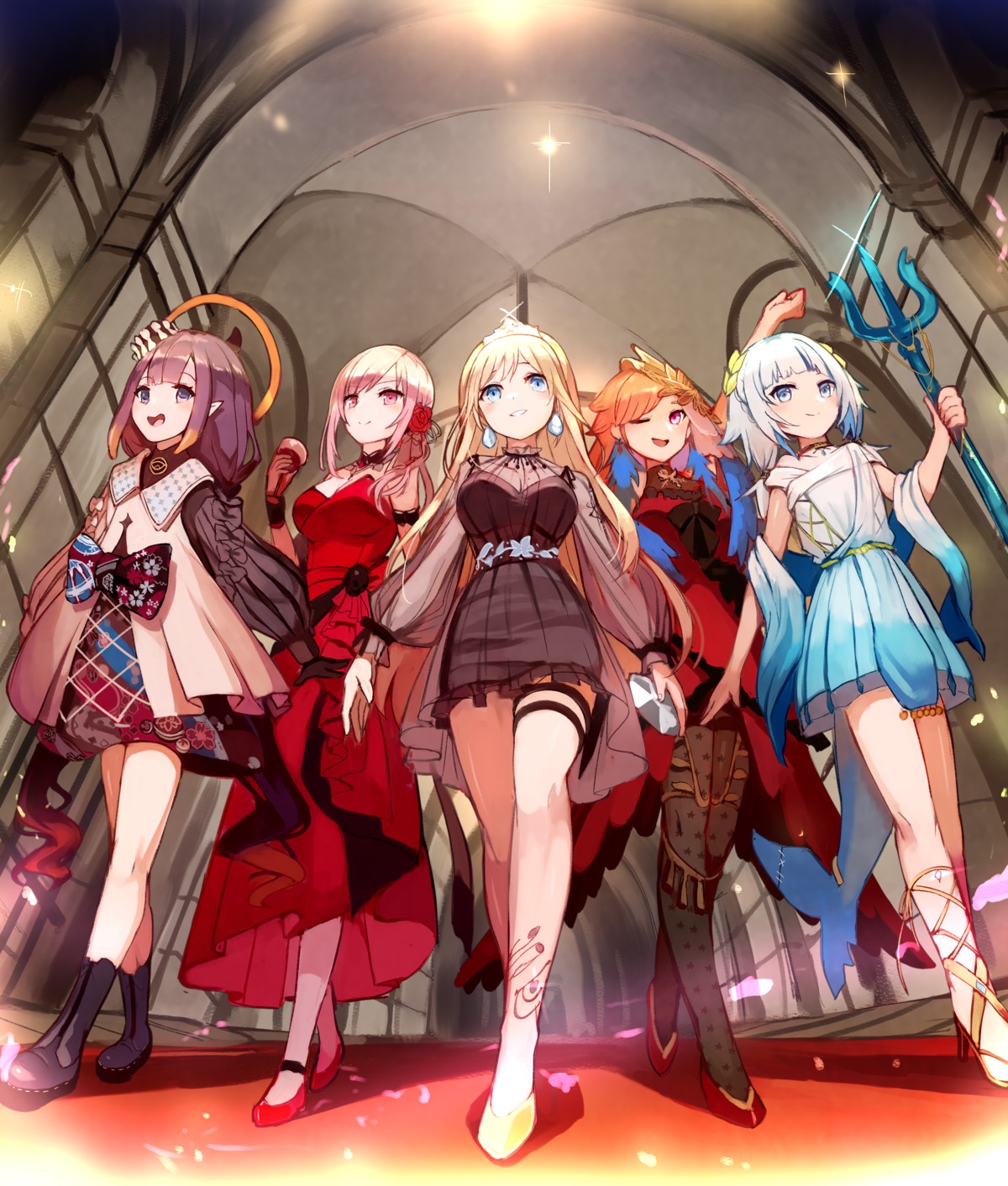angel, dress, garter, gawr_gura, heels, hololive, hololive_english, mori_calliope, ninomae_ina'nis, no_bra, pantyhose, pointy_ears, see_through, sue_(bg-bros), tail, takanashi_kiara, tattoo, watson_amelia, weapon