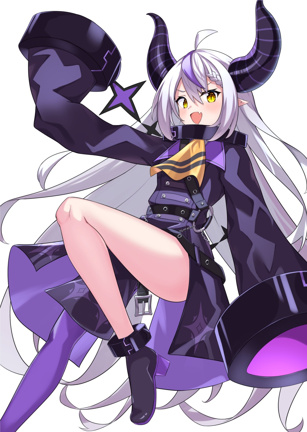 cocoablue, heels, hololive, horns, la+_darknesss, pointy_ears, skirt_lift, thighhighs