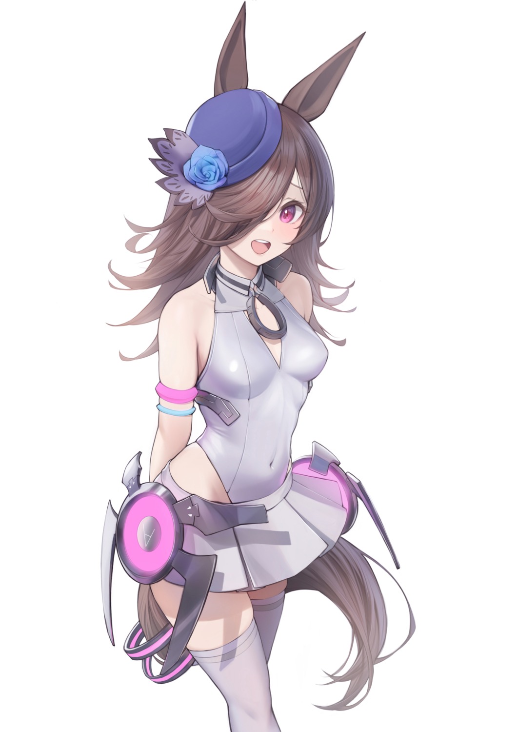 animal_ears, artist_revision, cosplay, leotard, mihono_bourbon_(umamusume), no_bra, rice_shower_(umamusume), skirt_lift