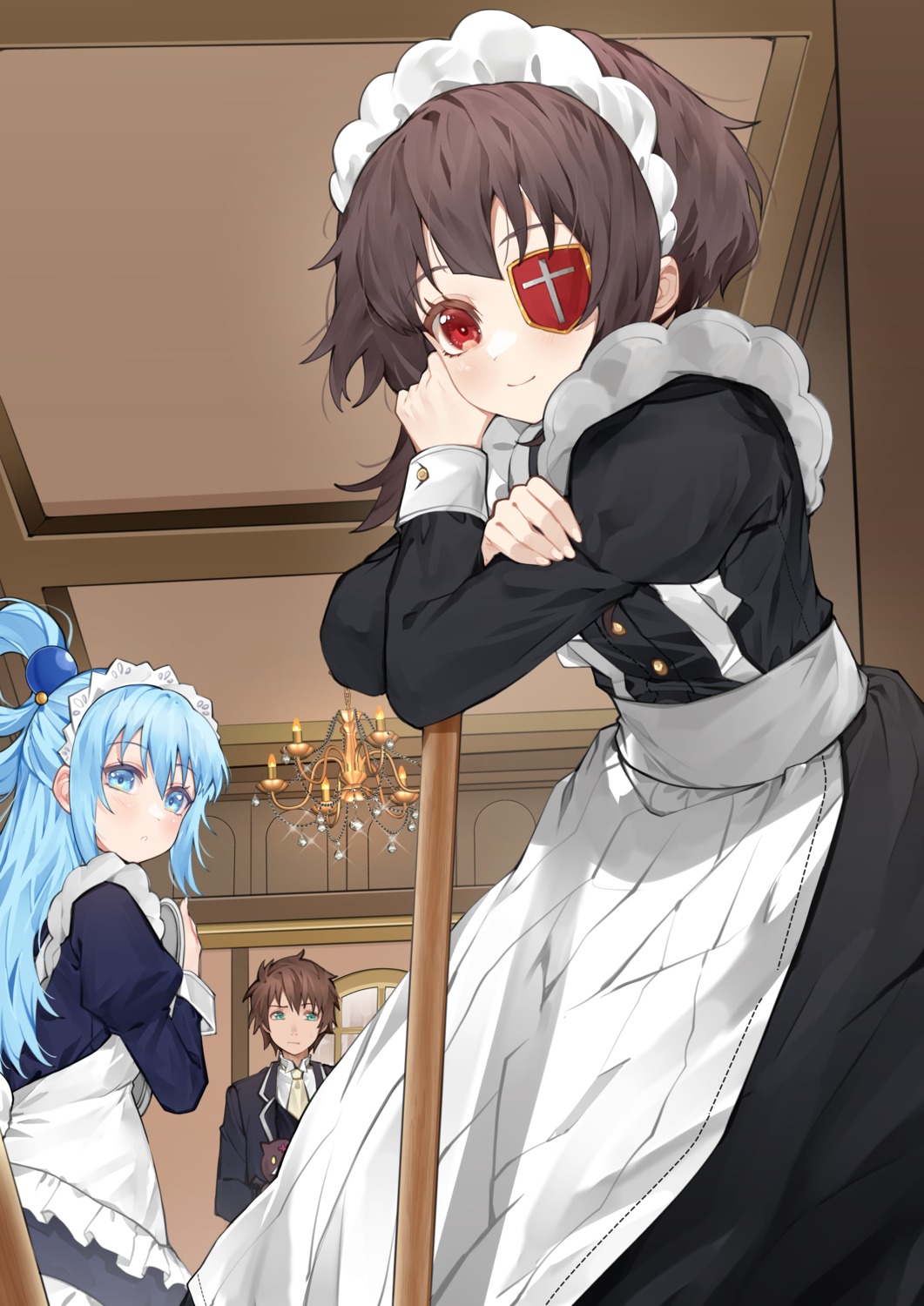 ai-nohikari, aqua_(konosuba), eyepatch, kono_subarashii_sekai_ni_shukufuku_wo!, maid, megumin, satou_kazuma
