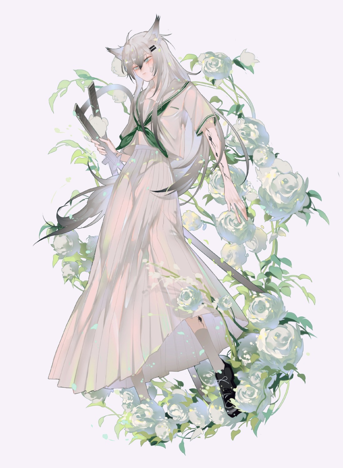 animal_ears, arknights, indra, lappland_(arknights), see_through, seifuku, sword