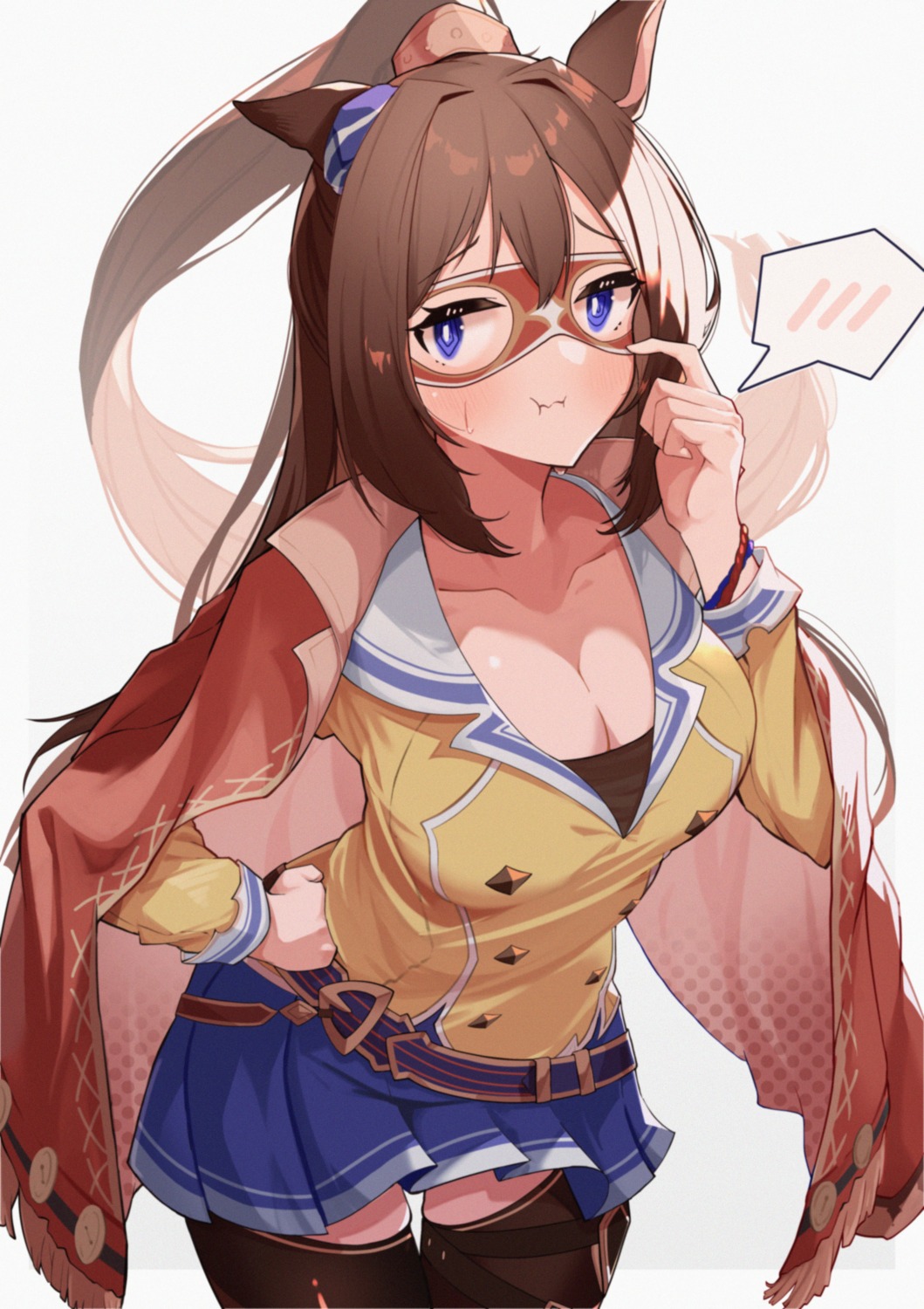 animal_ears, cleavage, el_condor_pasa_(umamusume), sansaisoba, skirt_lift, thighhighs, uma_musume_pretty_derby, uniform