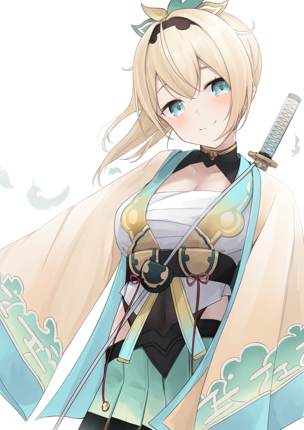 cleavage, hololive, japanese_clothes, kazama_iroha, sarashi, sword, unidon_48
