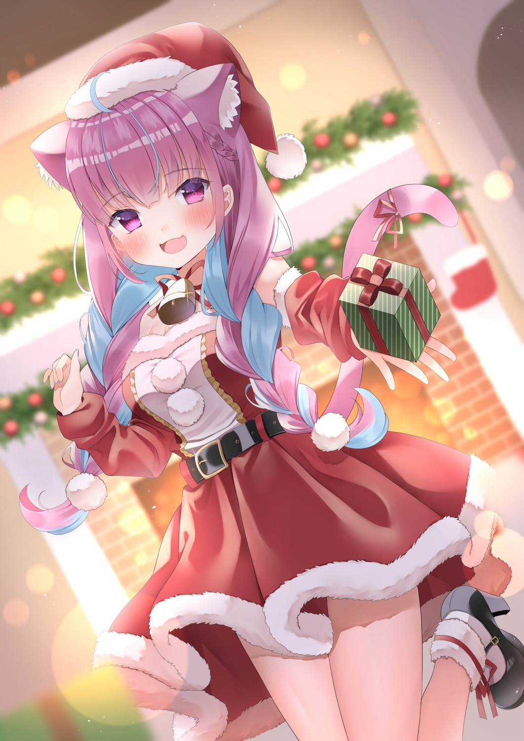 animal_ears, christmas, heels, hololive, minato_aqua, momoshiro_amano, nekomimi, skirt_lift, tail