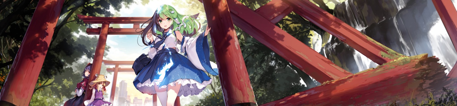 ke-ta, kochiya_sanae, landscape, moriya_suwako, thighhighs, touhou, yasaka_kanako