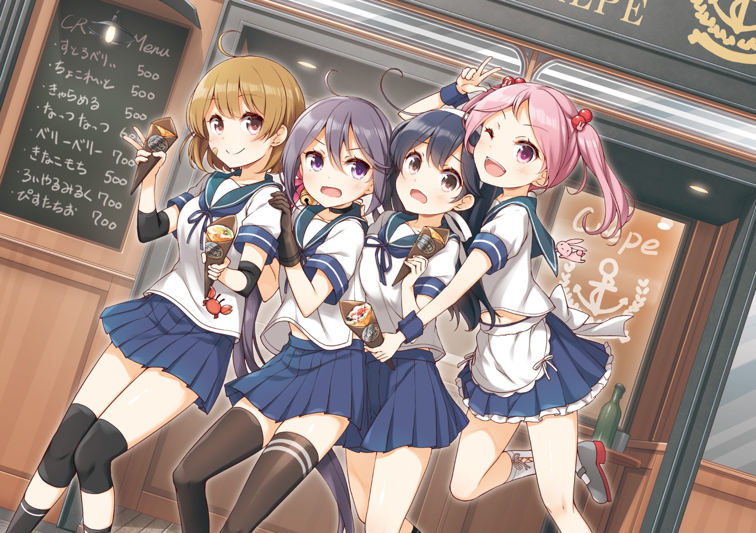 akebono_(kancolle), bandaid, kantai_collection, oboro_(kancolle), sazanami_(kancolle), seifuku, skirt_lift, thighhighs, ushio_(kancolle), yume_no_owari