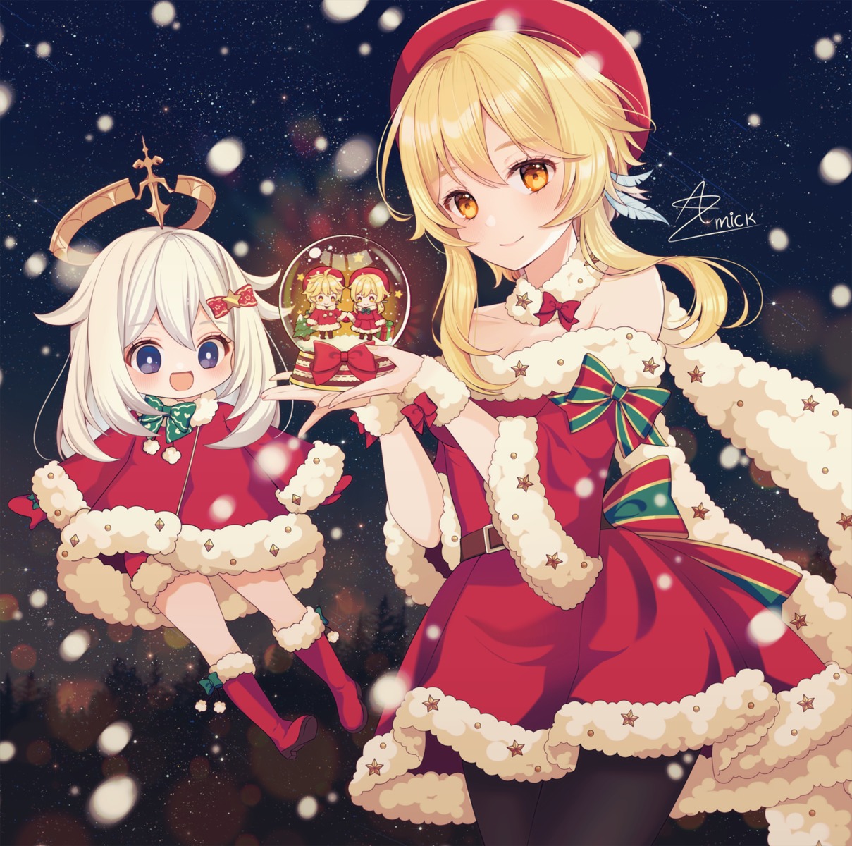 amick_(americanomix), chibi, christmas, cleavage, dress, genshin_impact, lumine, no_bra, paimon, pantyhose