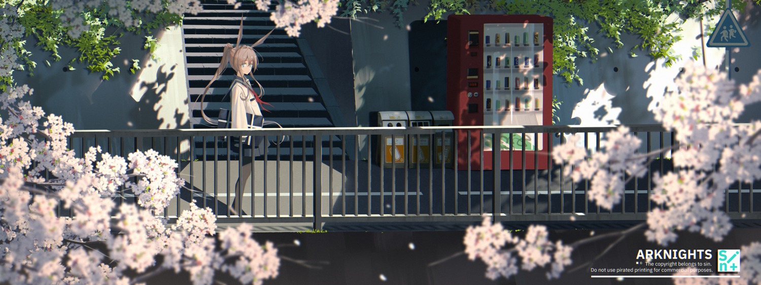 amiya_(arknights), animal_ears, arknights, bunny_ears, landscape, pantyhose, seifuku, sin.