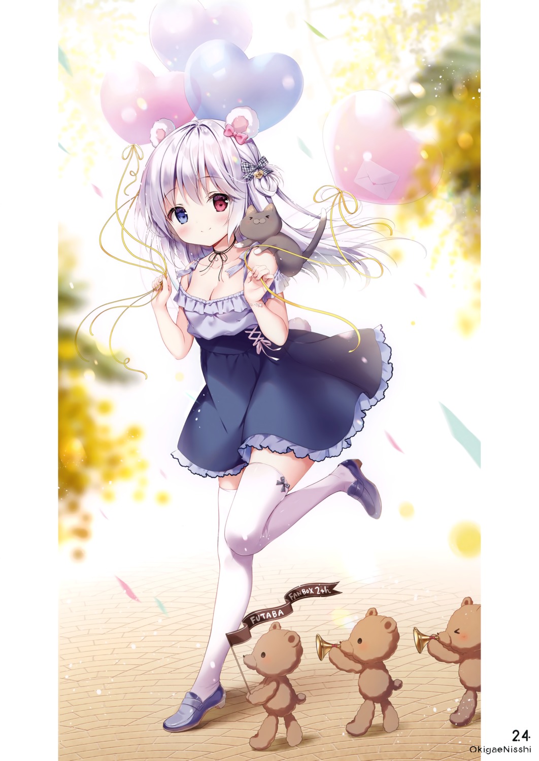 animal_ears, cleavage, heterochromia, miwa_futaba, neko, thighhighs
