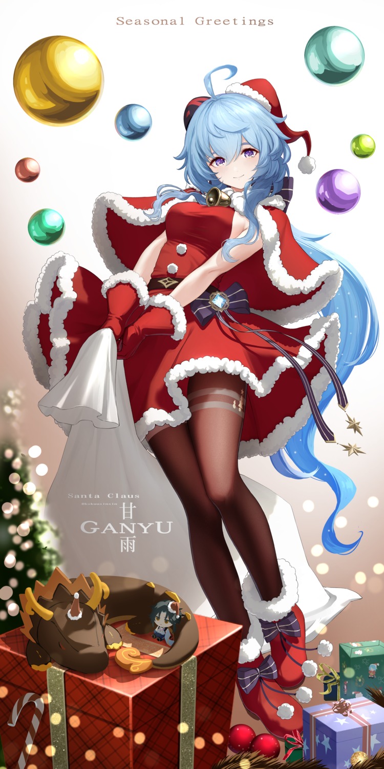 christmas, dress, ganyu, genshin_impact, horns, kokuusinsin, pantyhose, skirt_lift