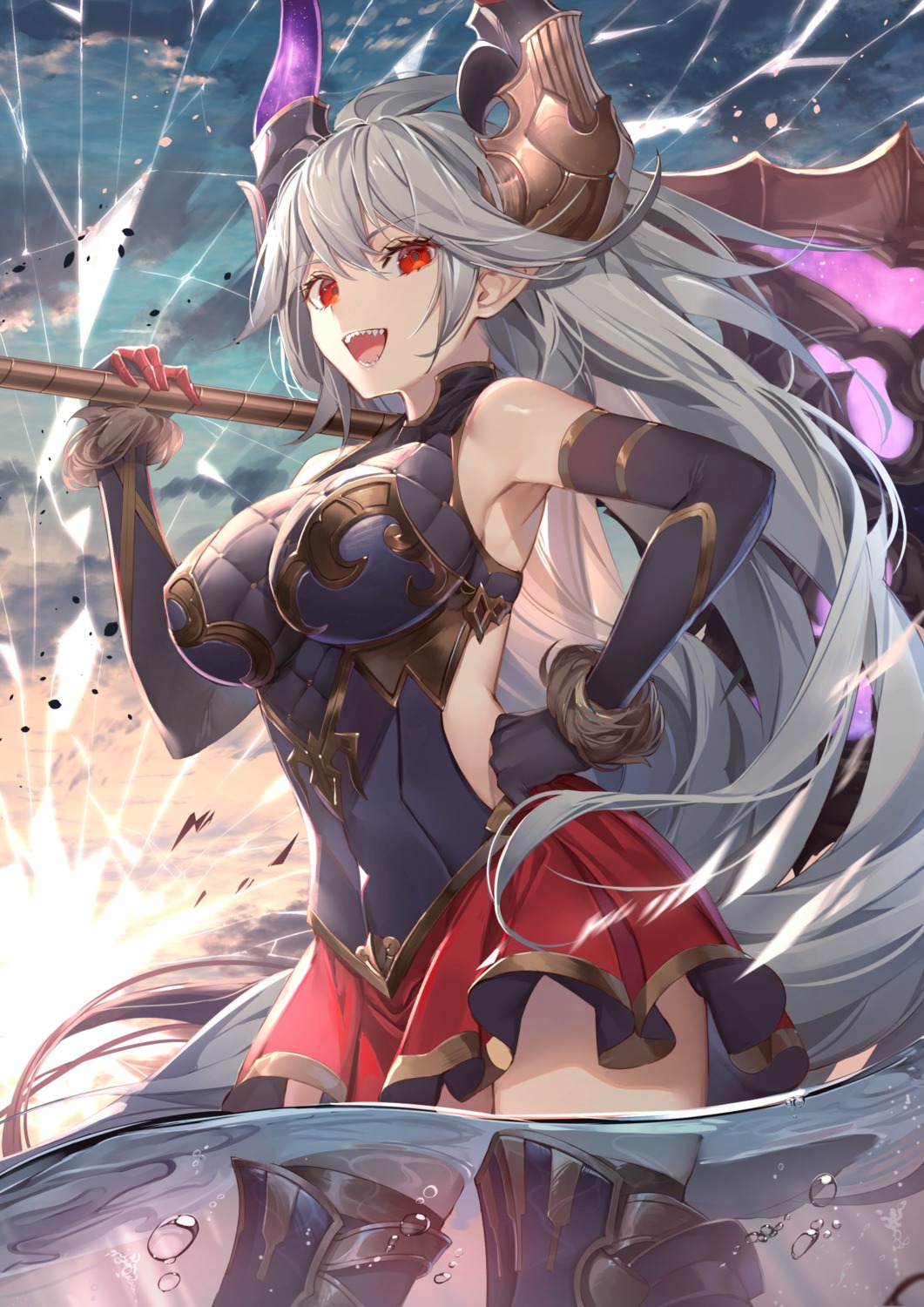 armor, granblue_fantasy, horns, kaerunoko, pointy_ears, thighhighs, threo, weapon