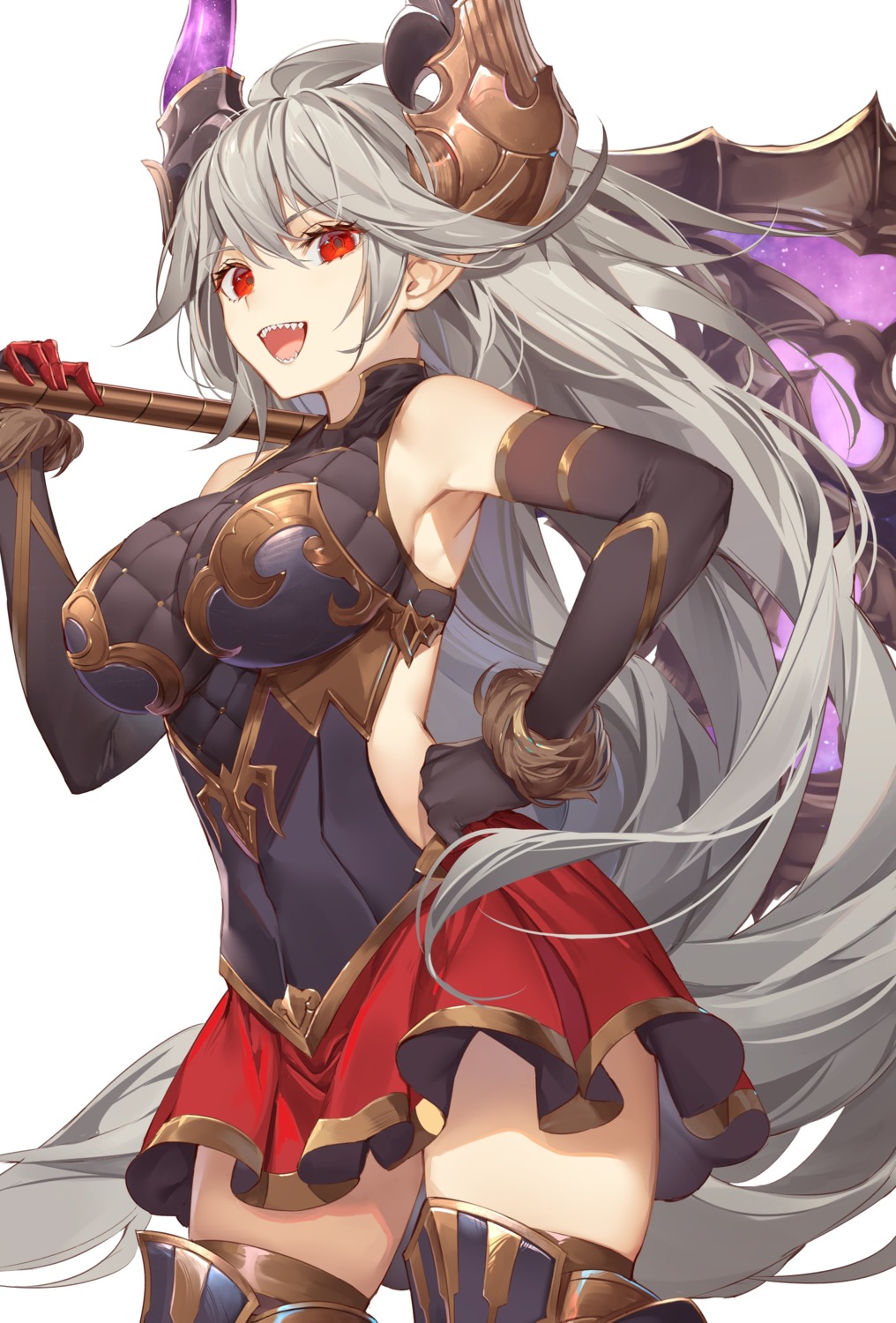armor, granblue_fantasy, horns, kaerunoko, pointy_ears, thighhighs, threo, weapon