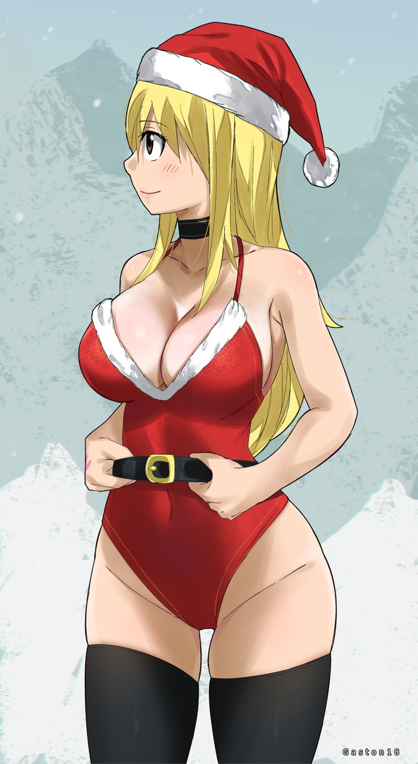 christmas, fairy_tail, gaston18, leotard, lucy_heartfilia, no_bra, thighhighs