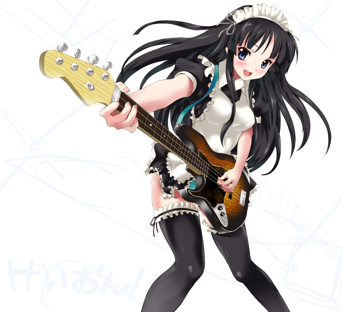 akiyama_mio, guitar, k-on!, maid, nimu, pantsu, shimapan, thighhighs