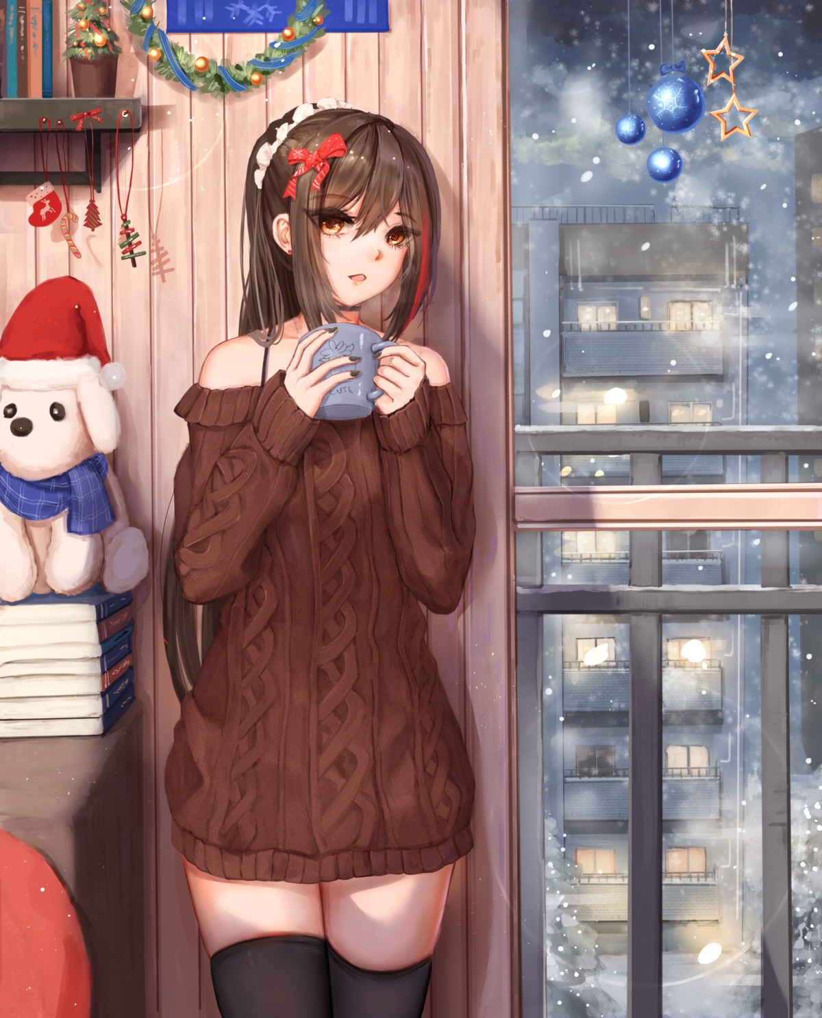 christmas, dress, sweater, thighhighs, yuzuriha