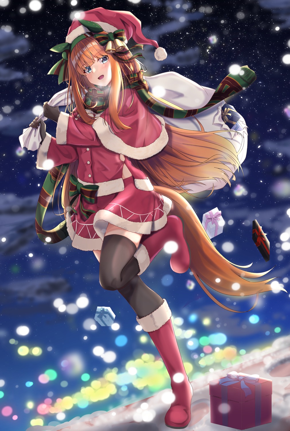 animal_ears, christmas, nayuta0603, silence_suzuka_(umamusume), skirt_lift, tail, thighhighs, uma_musume_pretty_derby