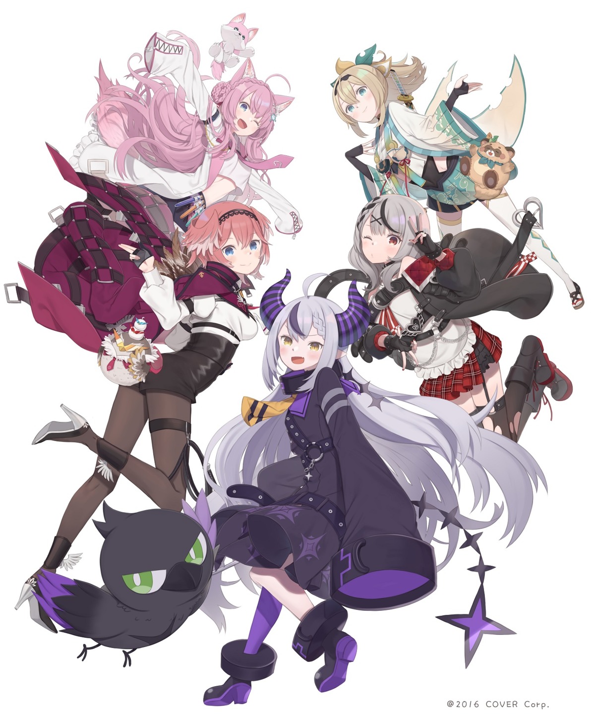 animal_ears, ass, crow_(la+_darknesss), devil, dress, garter, hakui_koyori, heels, hololive, horns, japanese_clothes, kazama_iroha, la+_darknesss, pantyhose, pointy_ears, sakamata_chloe, sarashi, takane_lui, thighhighs, torn_clothes, tota, uniform, wings